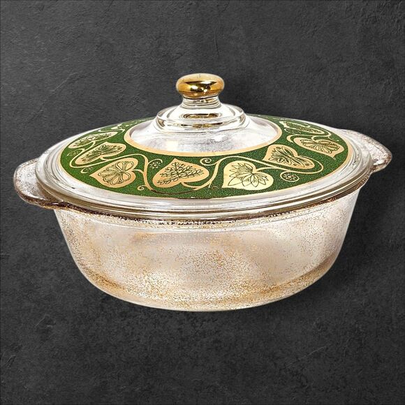 Vintage Fire-King 2 Qt Casserole w/ Culver Ltd 22K Gold & Green Lid Chip - Picture 2 of 11